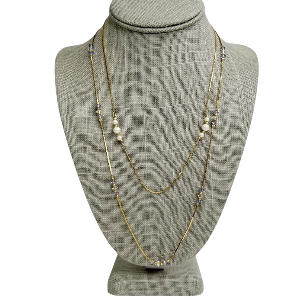 Lot of 2 Gold Tone Faux Pearl & Light Purple Faceted Beaded Necklaces